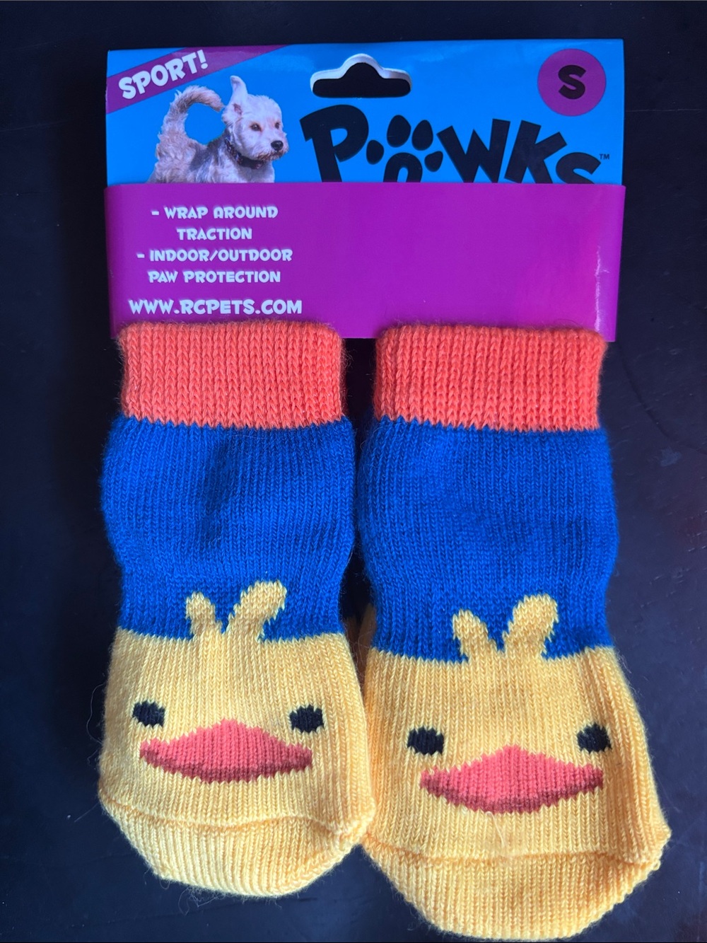 Pawks Sport Dog Paw Socks - Yellow Blue with Orange Cuffs (S)